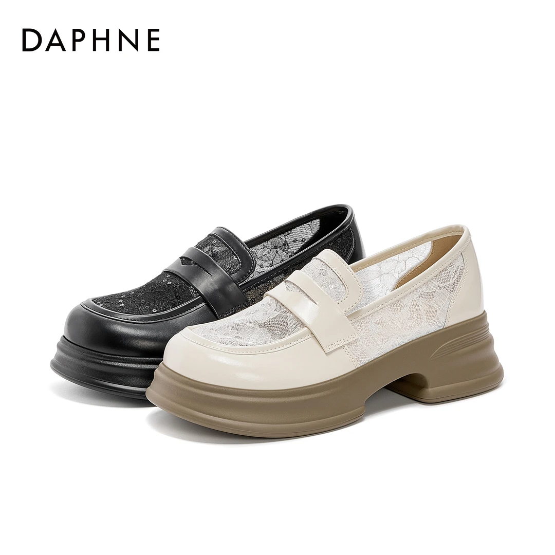 达芙妮乐福鞋女2025夏季新款小香风蕾丝网纱透气气质通勤休闲单鞋