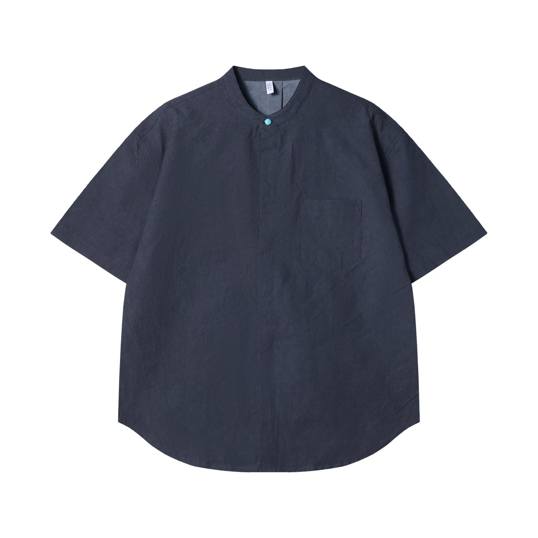 夏季高级感新款纯色口袋圆领短袖衬衫百搭休闲简约复古中式衬衣