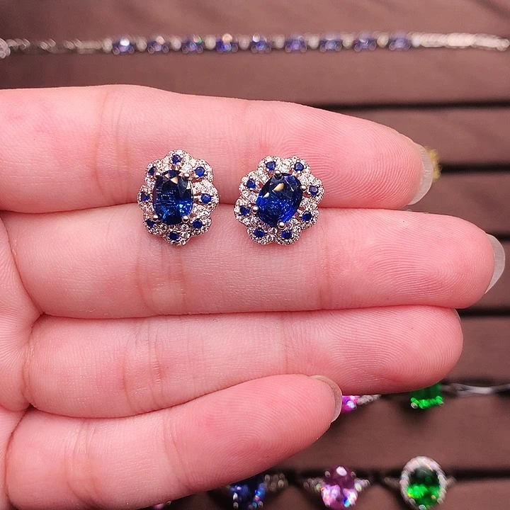 蓝宝石耳饰银S925镶嵌