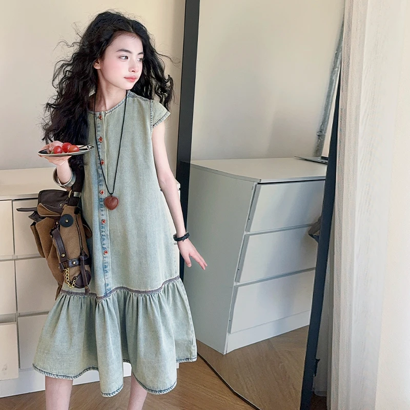 童装裙子女童夏季网红牛仔裙洋气2025新款女大童中长款连衣裙夏装