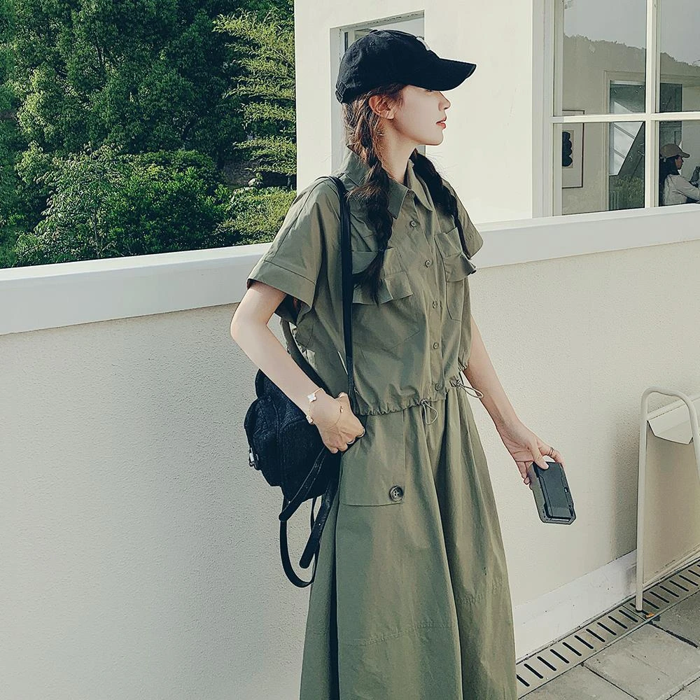 设计感绿色短袖休闲工装衬衫套装女夏高级感炸街休闲半身裙两件套