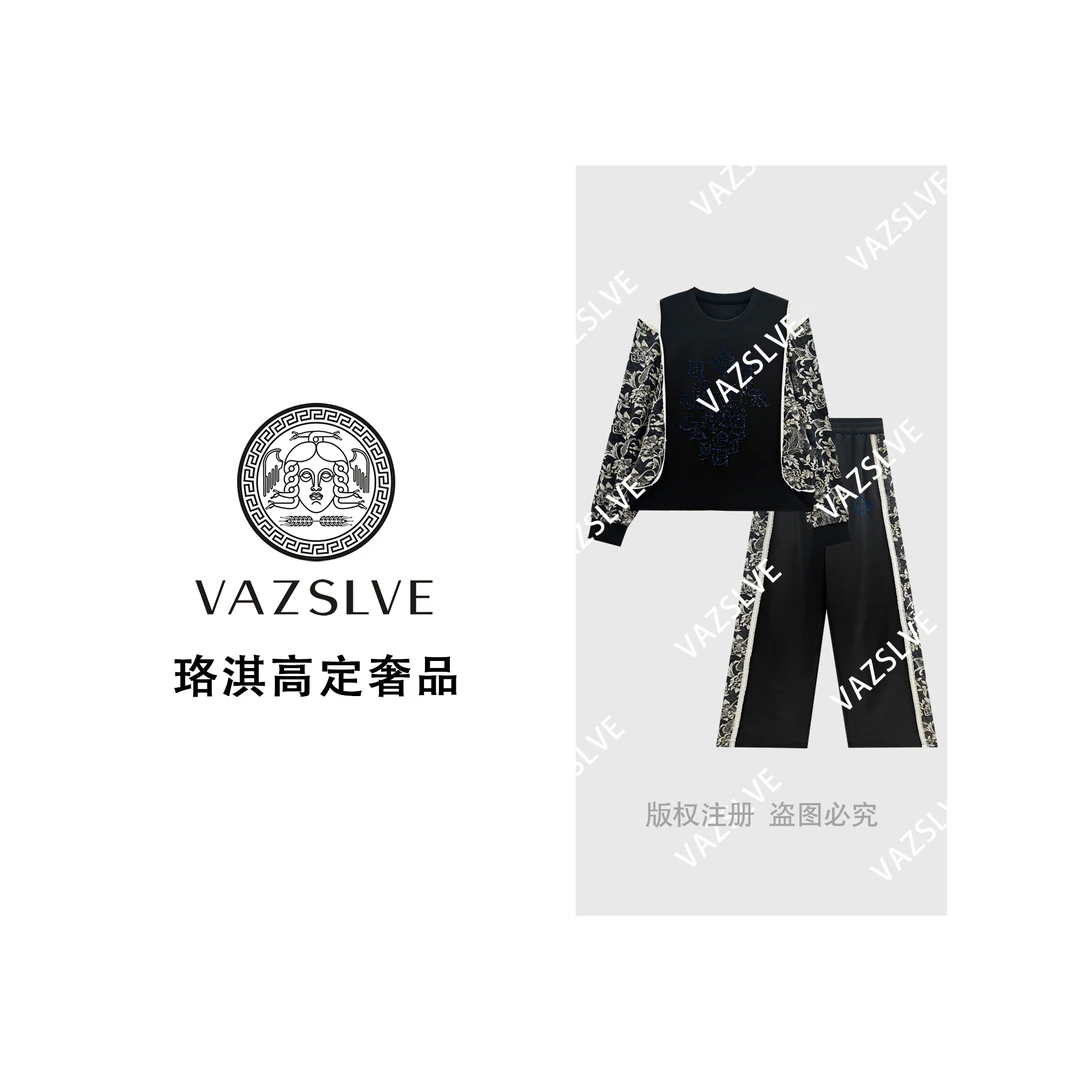 【VAZSLVE/珞淇高定】重工烫钻时尚轻奢宽松长袖套装TZ1102