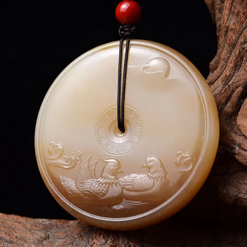 天然和田玉俏糖色鸳鸯平安扣吊坠男女款玉石项链挂件毛衣链