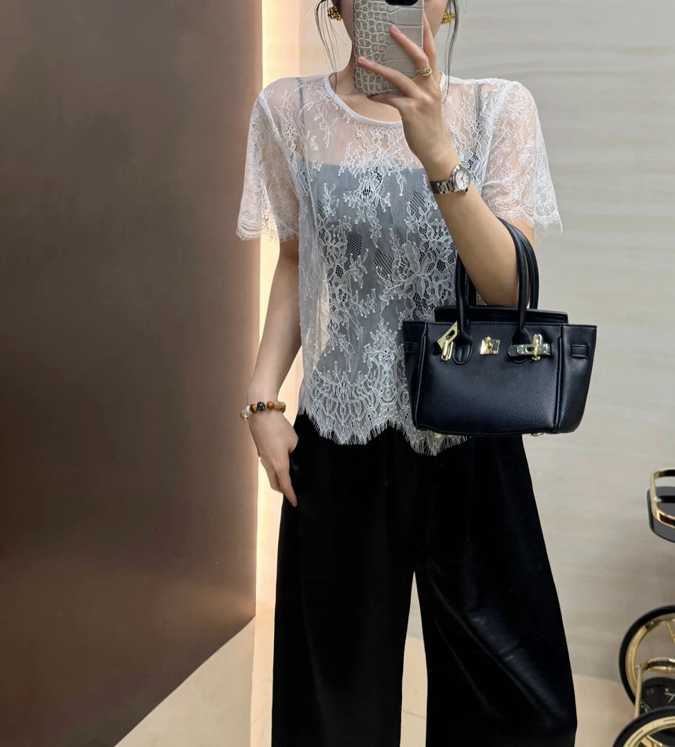 短袖拼接纯色蕾丝女士打底衫蕾丝衫修身型圆领常规款