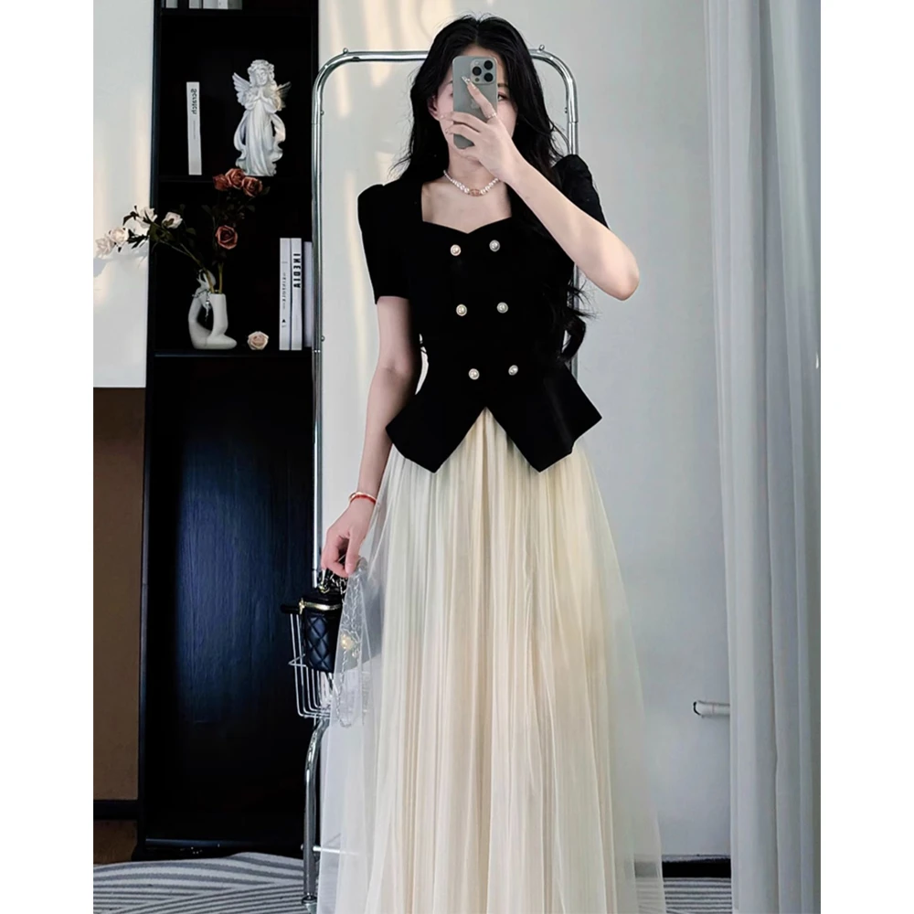 夏季法式设计感休闲简约修身短袖上衣高腰时尚百搭半身裙两件套