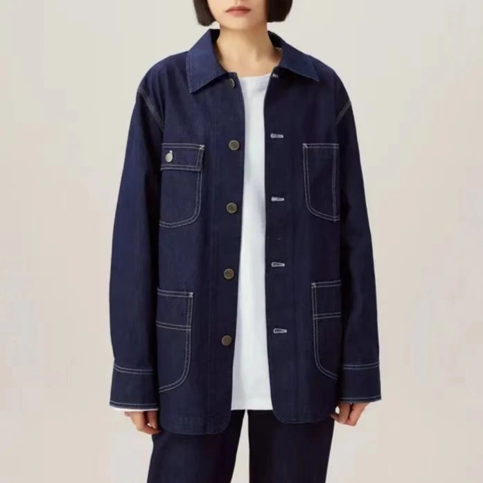 【商场同款】工装牛仔衣秋冬翻领宽松单排扣复古长袖外套1400679