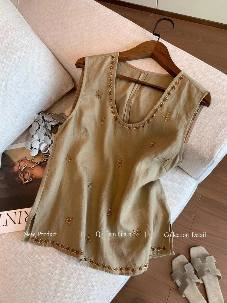 老钱风松弛感女装法式刺绣u领亚麻无袖上衣夏季时尚气质显瘦背心