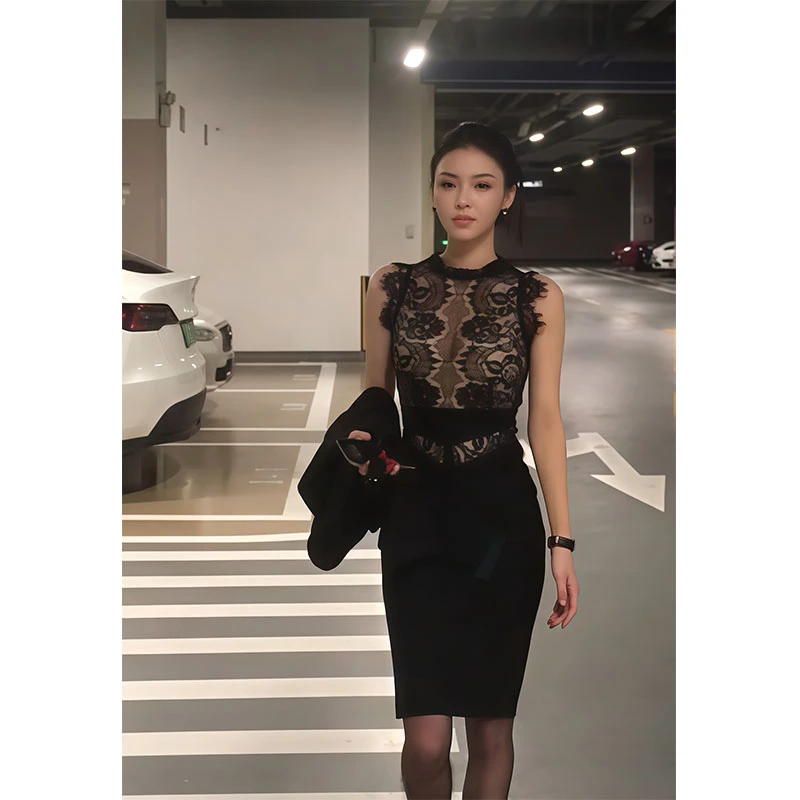 夏季御姐风修身显瘦高级感蕾丝无袖上衣气质时尚收腰a字半身裙女