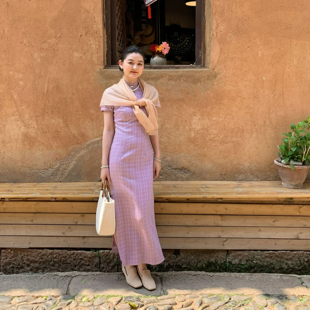 丝路嘉和.【紫格格】 夏季新款紫色格子新中式国风复古收身旗袍