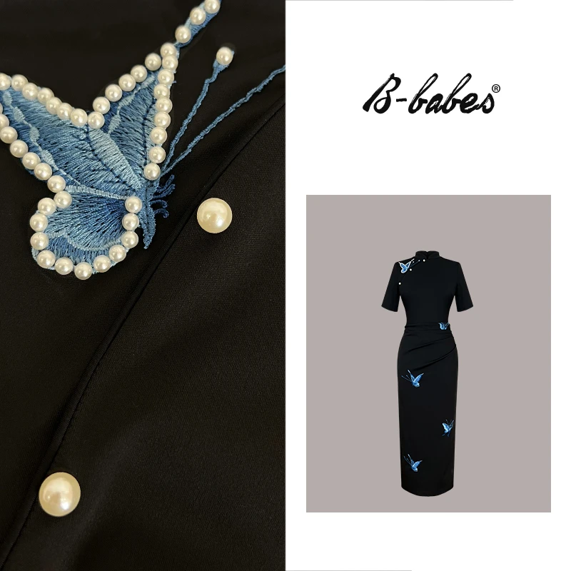 B-babes【蝶梦】大码新中式旗袍国风蝴蝶刺绣修身气质开叉连衣裙-倾