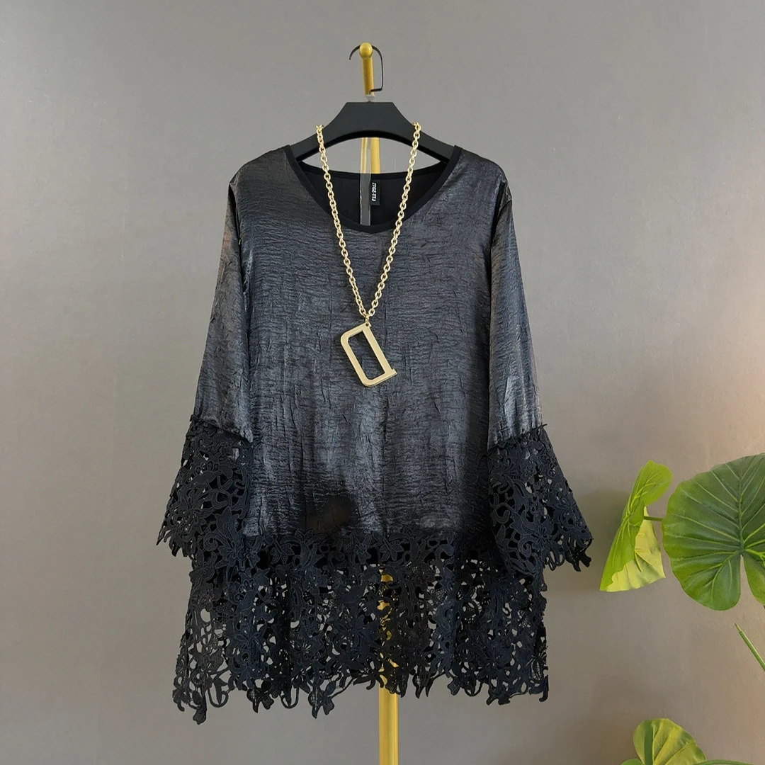 秋冬新款拼接蕾丝时尚百搭显瘦遮肉中长款上衣醋酸高级大码蕾丝衫