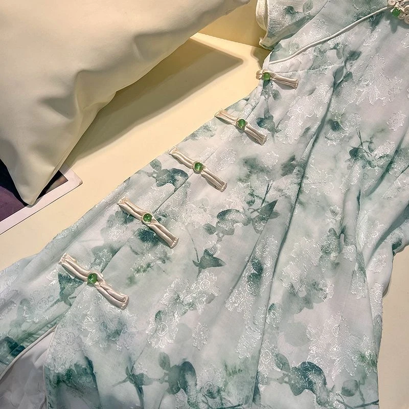 葫芦扣铅笔裙新中式低开衩旗袍夏季少女中式山本风