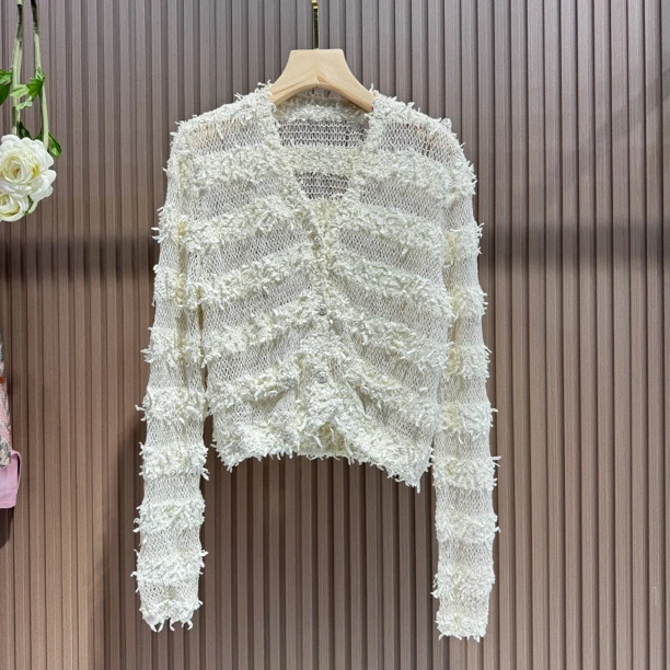 2134 金纱线流苏拼接开衫上衣