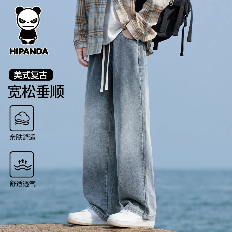 HiPanda你好熊猫冬季加绒牛仔裤男美式复古潮流百搭宽松直筒长裤
