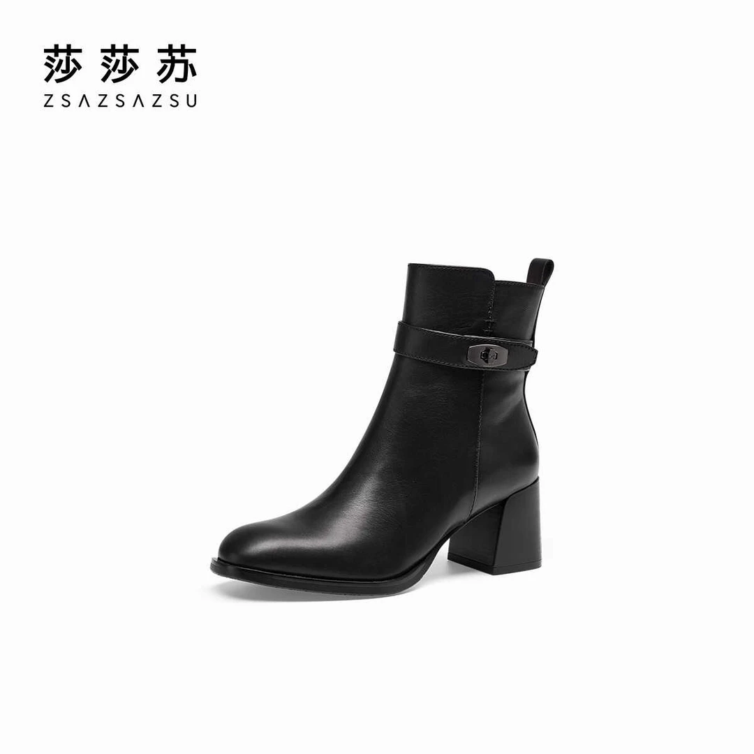 [幸运锁]莎莎苏秋冬新款高粗跟方头中筒百搭时尚时装靴ZA54719-10