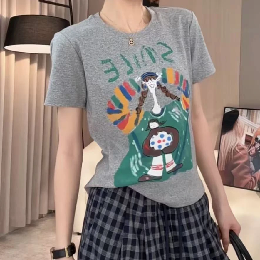 实拍现货印花短袖T恤女2025夏季新款百搭透气减龄圆领正肩上衣