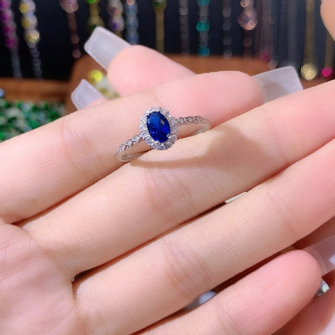 戒指蓝宝石银S925镶嵌白46