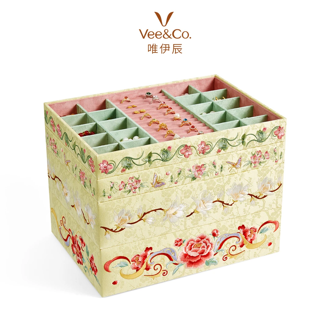 唯伊辰 首饰盒/箱 新品真丝刺绣国风首饰盒黄金饰品凤钗收纳托盘