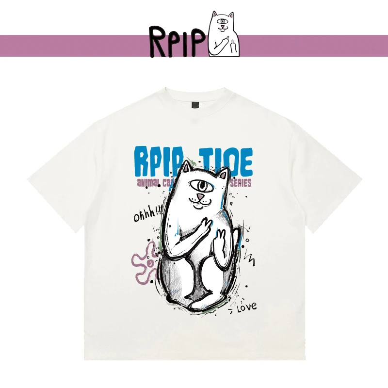 中指猫短袖T恤男贱猫纯棉情侣夏季宽松印花ins圆领街头美式中性