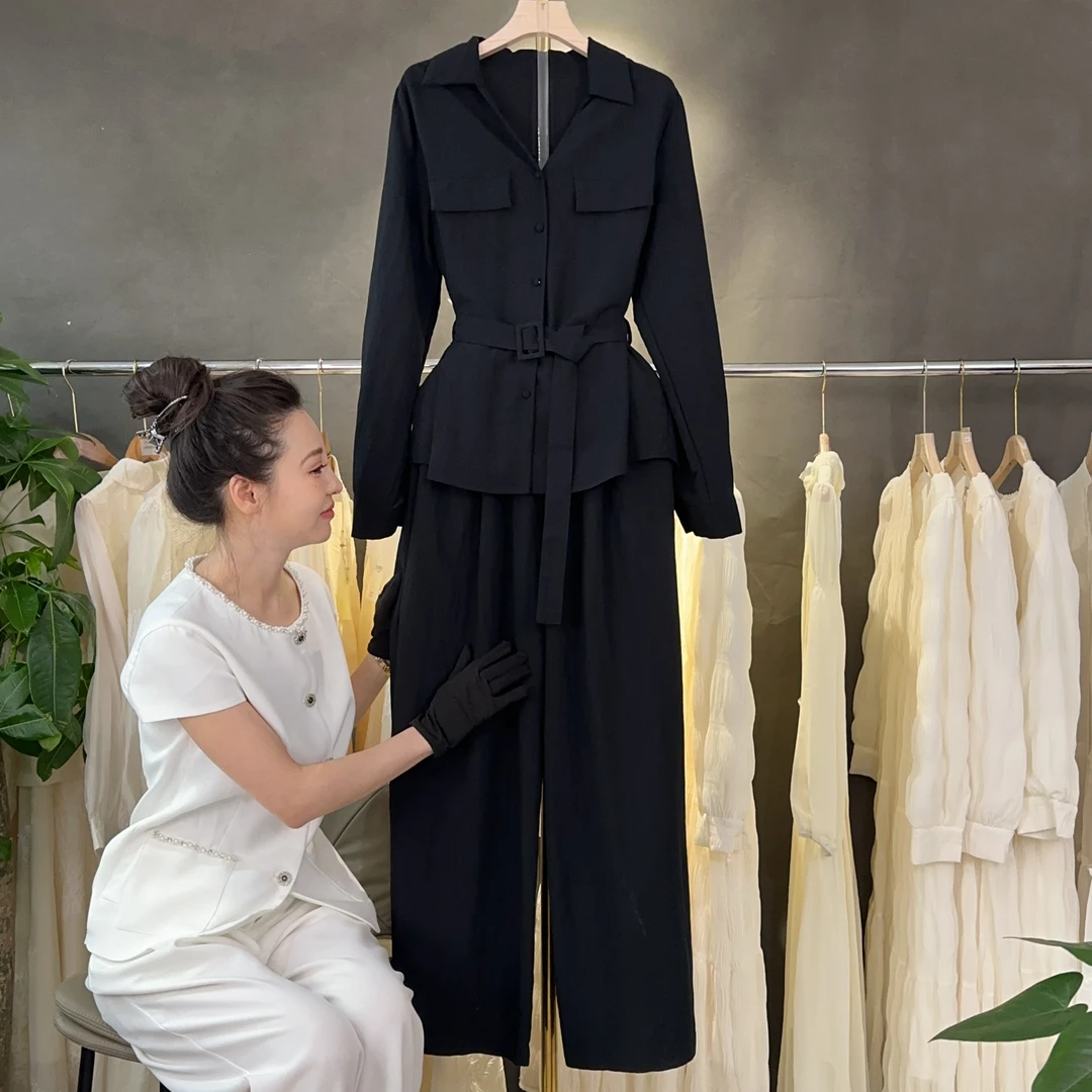 【两件套】2025秋季法式修身长袖气质上衣+休闲裤时尚套装M733
