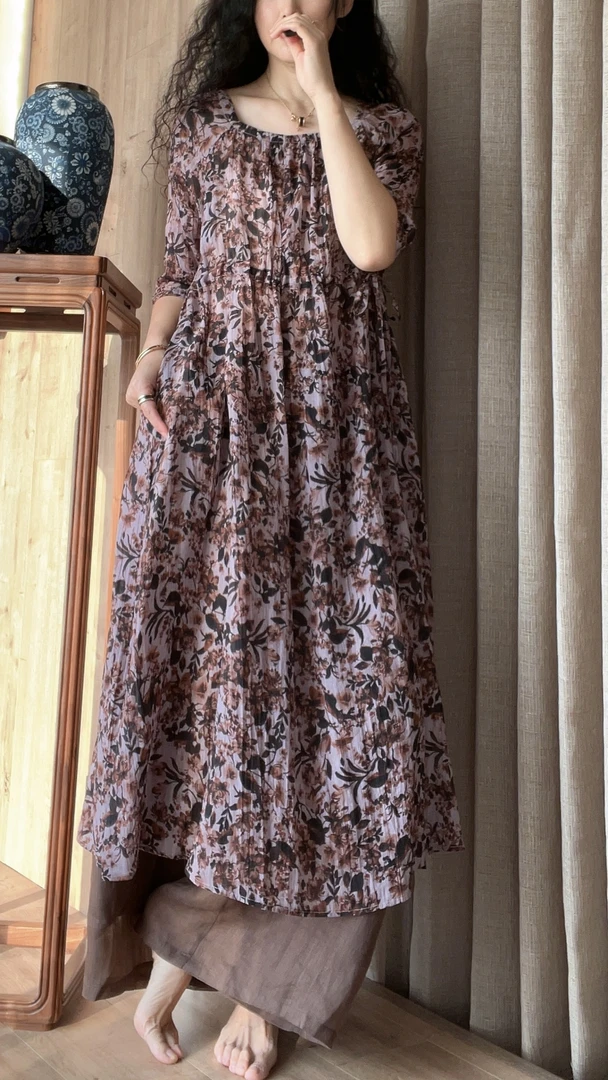 直播链接按编码下单孤品苎麻碎花女士连衣裙2