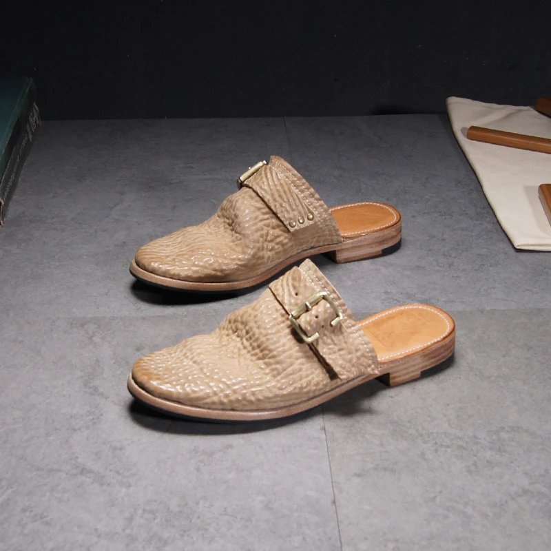 虫二坊轻奢缩纹马臀皮包头拖男女同款手工复古皮底固特异凉拖鞋夏