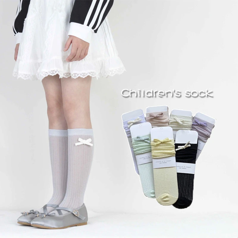 女童袜子春夏薄款儿童韩版纯色蝴蝶结中筒袜宝宝长筒白色小腿袜