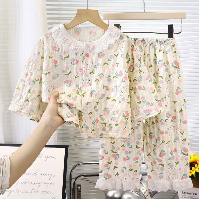 女童睡衣夏儿童九分袖薄款花边家居服女宝宝时光棉韩版空调服