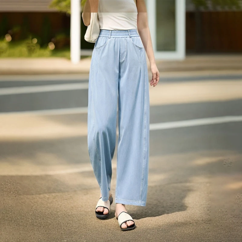 茵曼莱赛尔仿牛仔休闲裤女士薄款透气宽松阔腿直筒高腰垂感长裤子