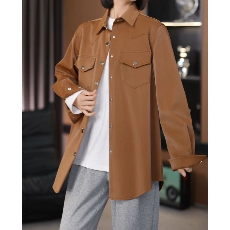 JUDIAN-咖色皮质感衬衫8jd763237