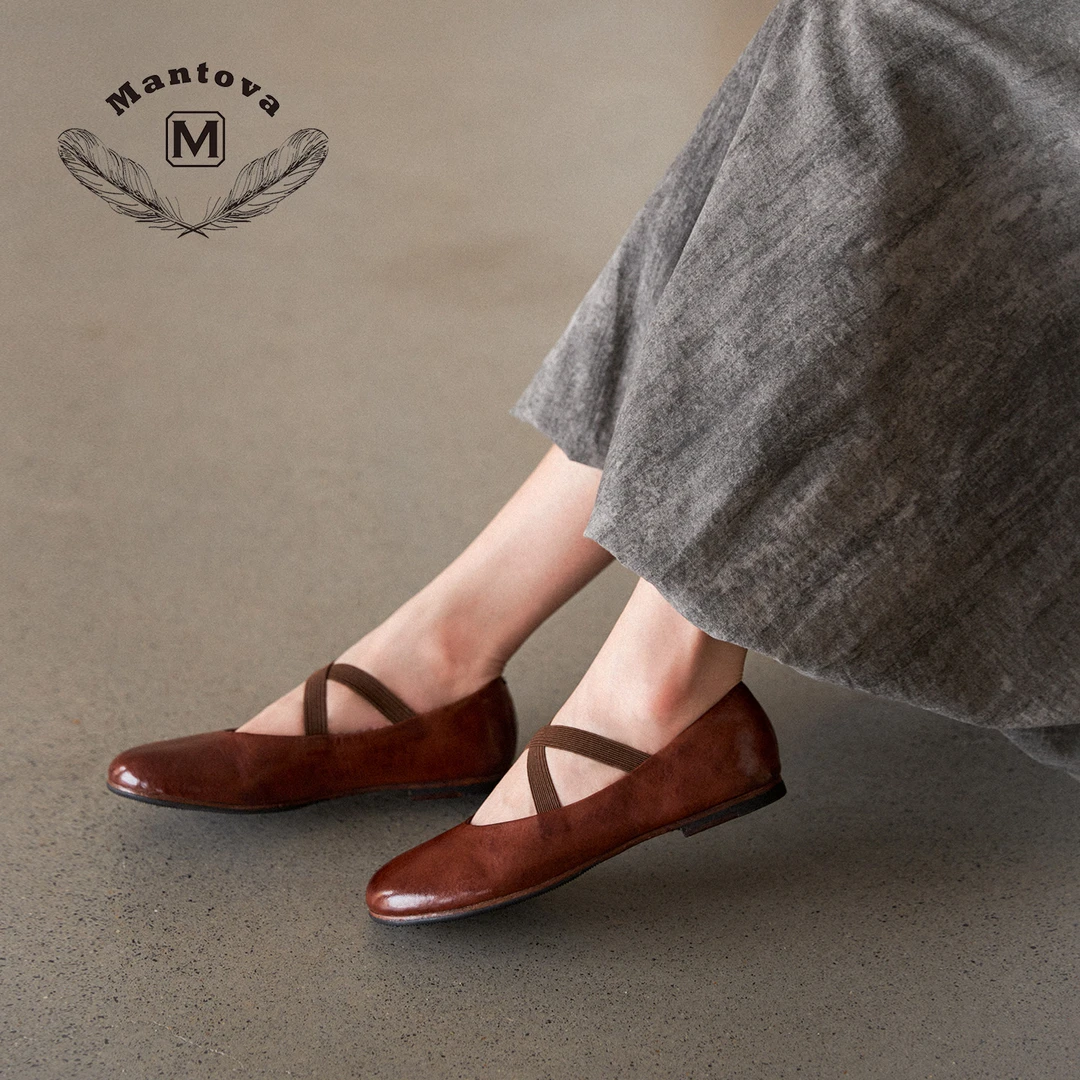 mantova2025夏季新款复古玛丽珍小皮鞋马皮浅口芭蕾鞋绑带女鞋