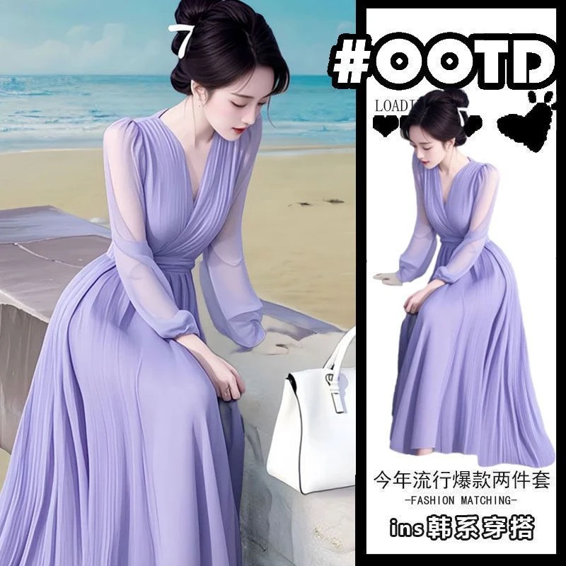 春季风情万种女神范气质高级感沙滩海边度假温柔风紫色雪纺连衣裙