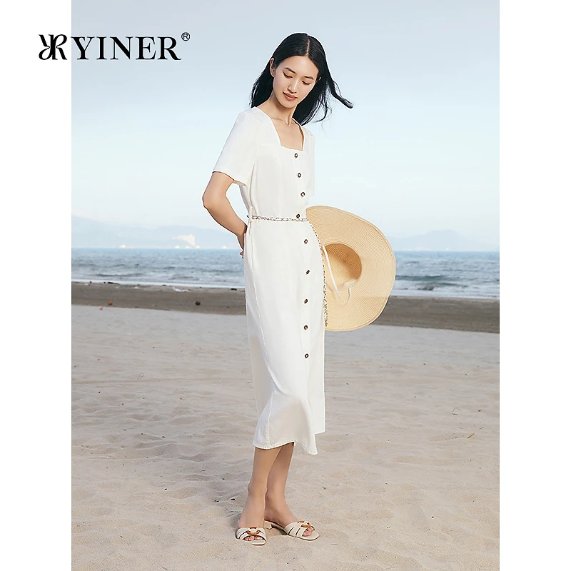 【天丝系列】YINER音儿2025秋季新款莱赛尔复古方领修身A字连衣裙