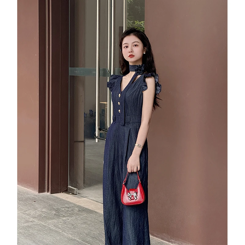 【丹宁艺术】小娜椒小个子夏季时尚气质V领小飞袖休闲直筒连体裤女