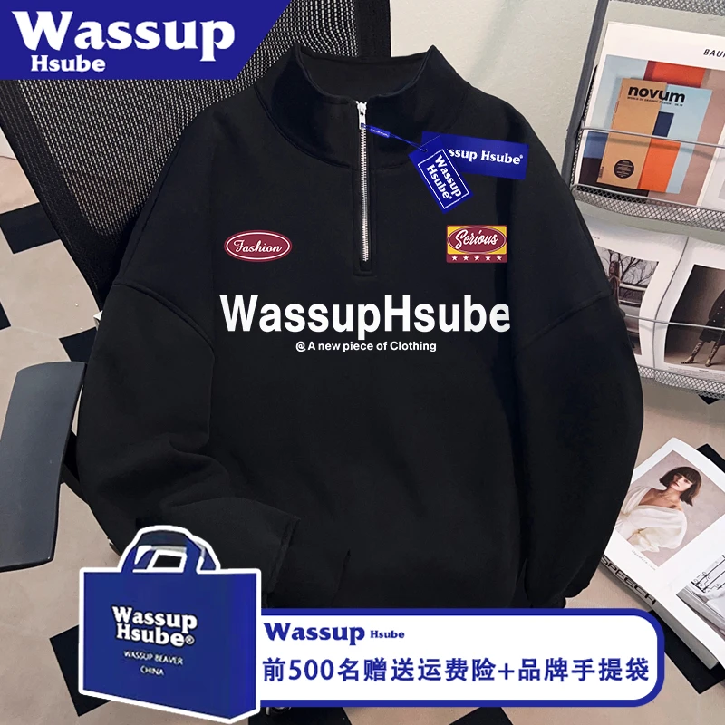 WASSUP HSUBE秋冬男女款黑色上衣美式潮牌创意字母印花半拉链卫衣