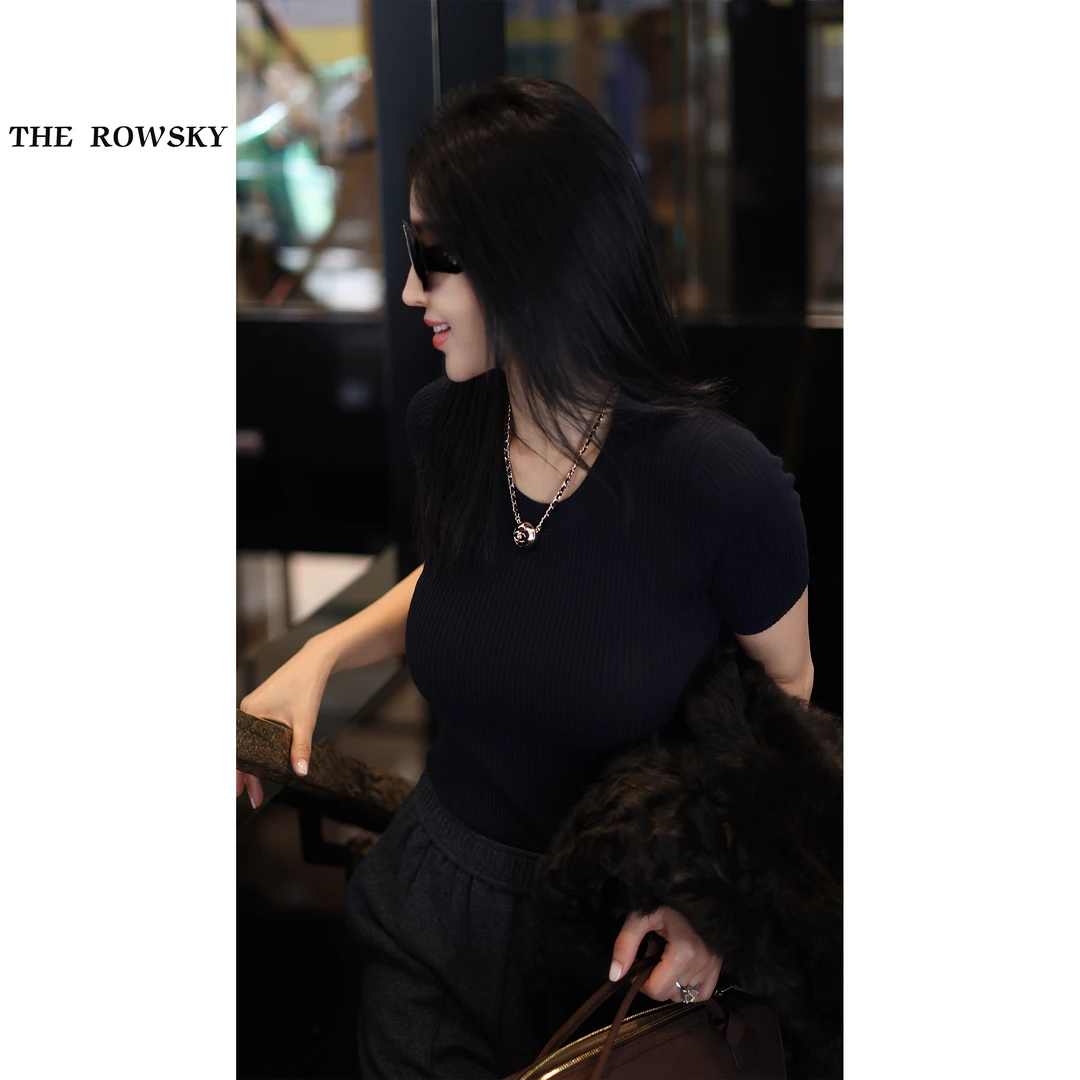 杨圣坤2025秋季新品桑蚕丝山羊绒修身显瘦短袖打底针织衫SQ258902