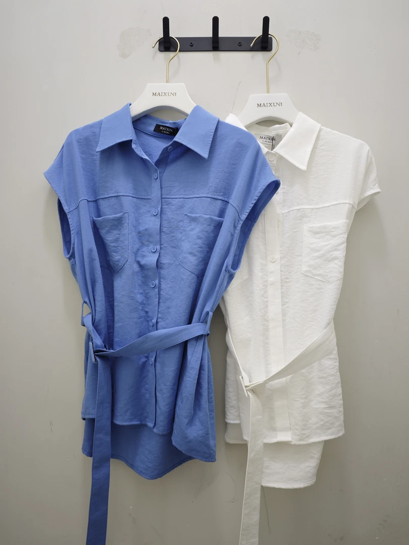 麦寻夏季新款CSSFS08A白色帆船蓝无袖衬衫带腰带衣长65