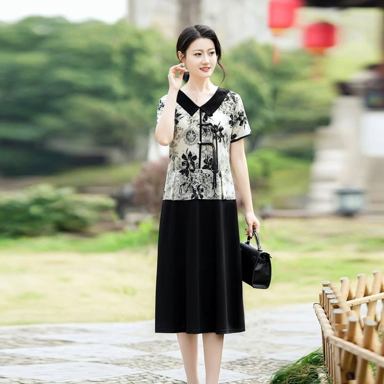 母亲节高档假两件连衣裙女夏季时尚洋气休闲遮肚显瘦中长款裙子