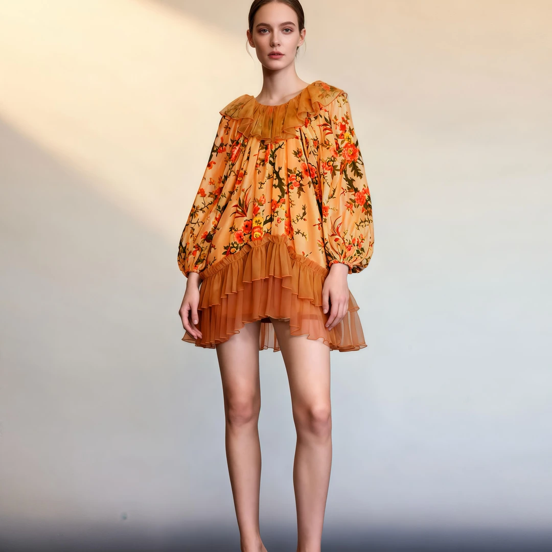 【金秋丹桂】荷叶边装料植绒印花长袖连衣裙305-A-25795