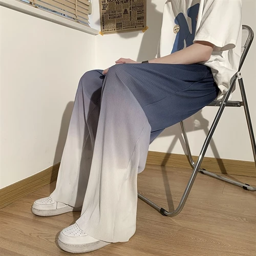 冰丝大码渐变色扎染阔腿裤男夏季高腰宽松直筒拖地长裤-T449-P50