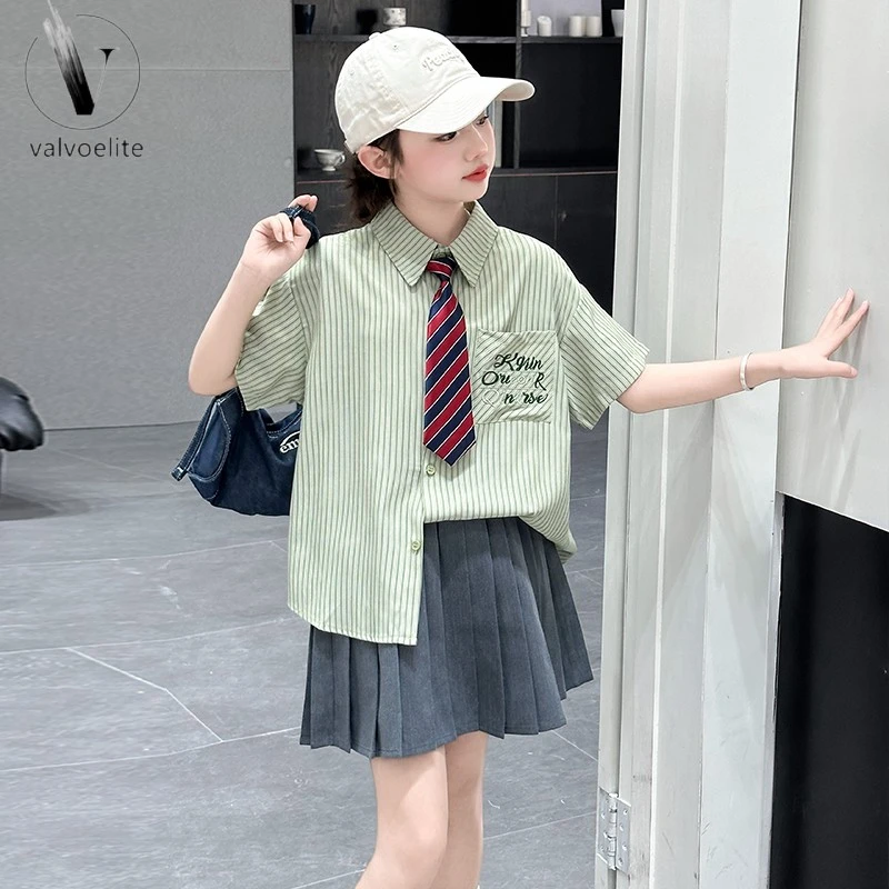VALVOELITE女童夏季JK学院风套装新款洋气大童条纹短袖衬衫百褶裙