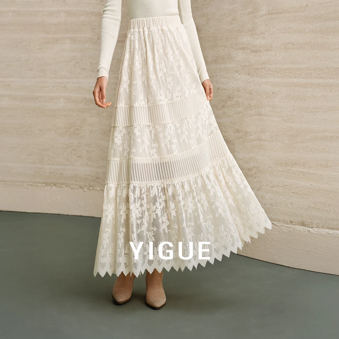 [达人专属]亦谷蕾丝绣花半身长裙浪漫风蕾丝拼接A字长裙G6CAR005