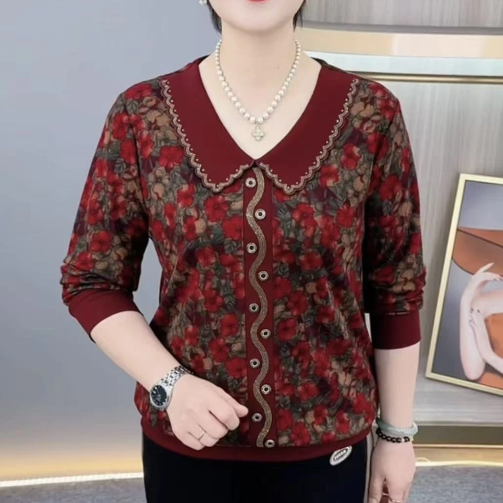 秋季新款时尚娃娃领烫钻洋气妈妈装减龄气质百搭长袖上衣H9976