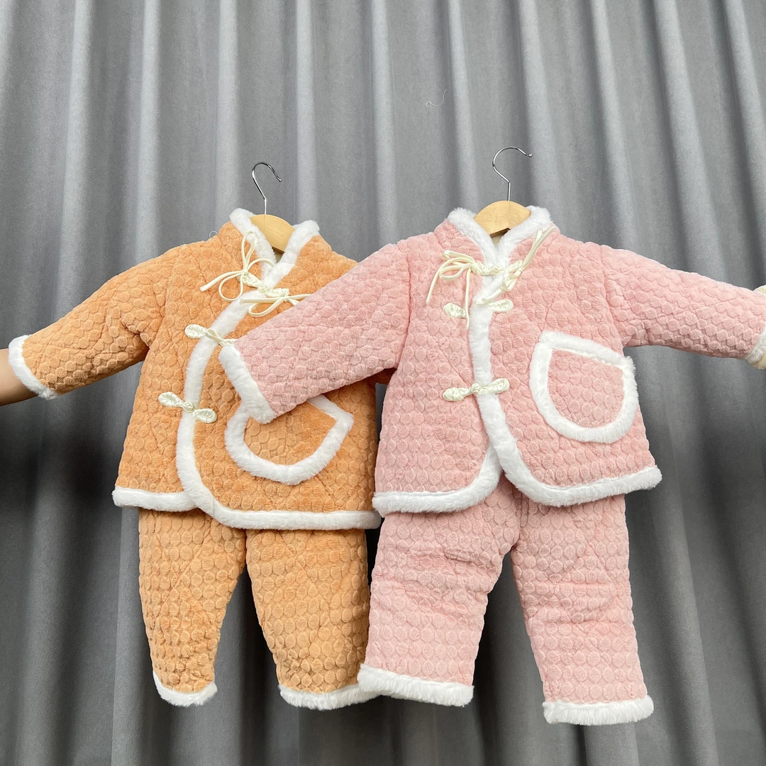 保暖宝宝连帽棉衣女孩加绒三层夹棉加厚秋冬款冬季亲子家居服套装