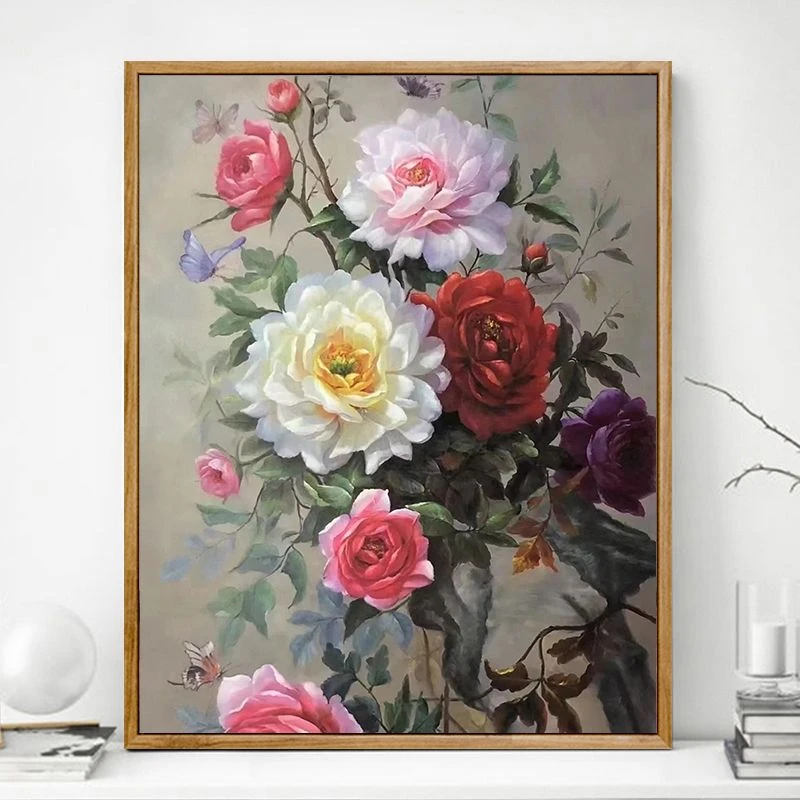 牡丹花数字油画diy礼物手工填色中国风油彩画手绘涂色客厅装饰画