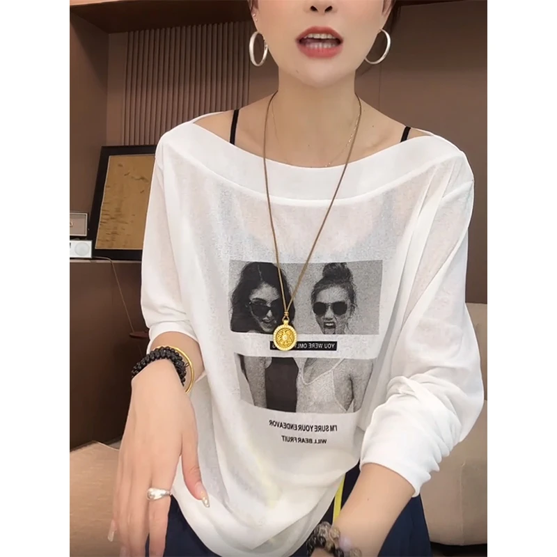 韩系穿搭一字斜领白色长袖防晒T恤女夏季薄款时尚宽松百搭ins上衣