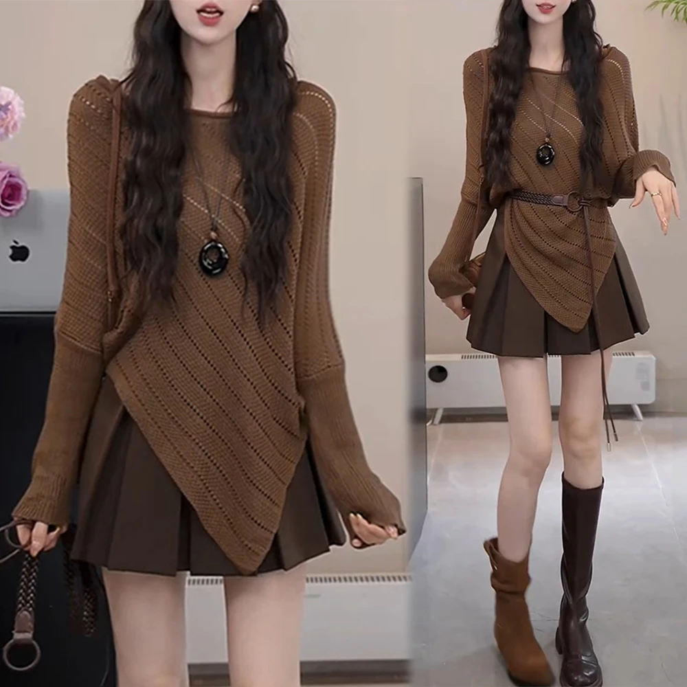 老钱风松驰感套装女2025春秋新款镂空针织衫长袖百褶半身裙两件套