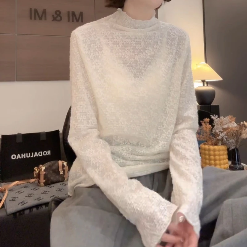 2025新款韩系秋季蕾丝提花木耳边高领打底衫LK2506860
