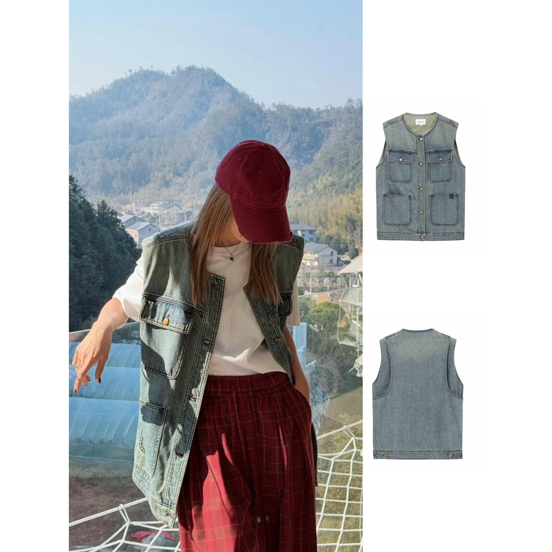 AVVENN2025春圆角贴袋宽松牛仔马夹女1390dopdop买手店