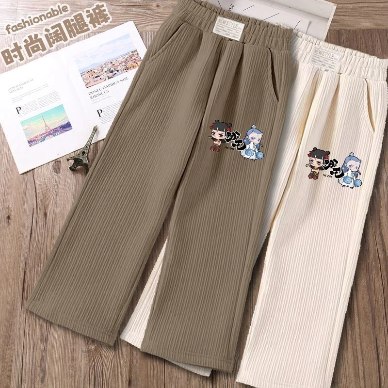 儿童2025直筒新款灯芯绒长裤春秋女童裤子中大童阔腿裤国风哪吒